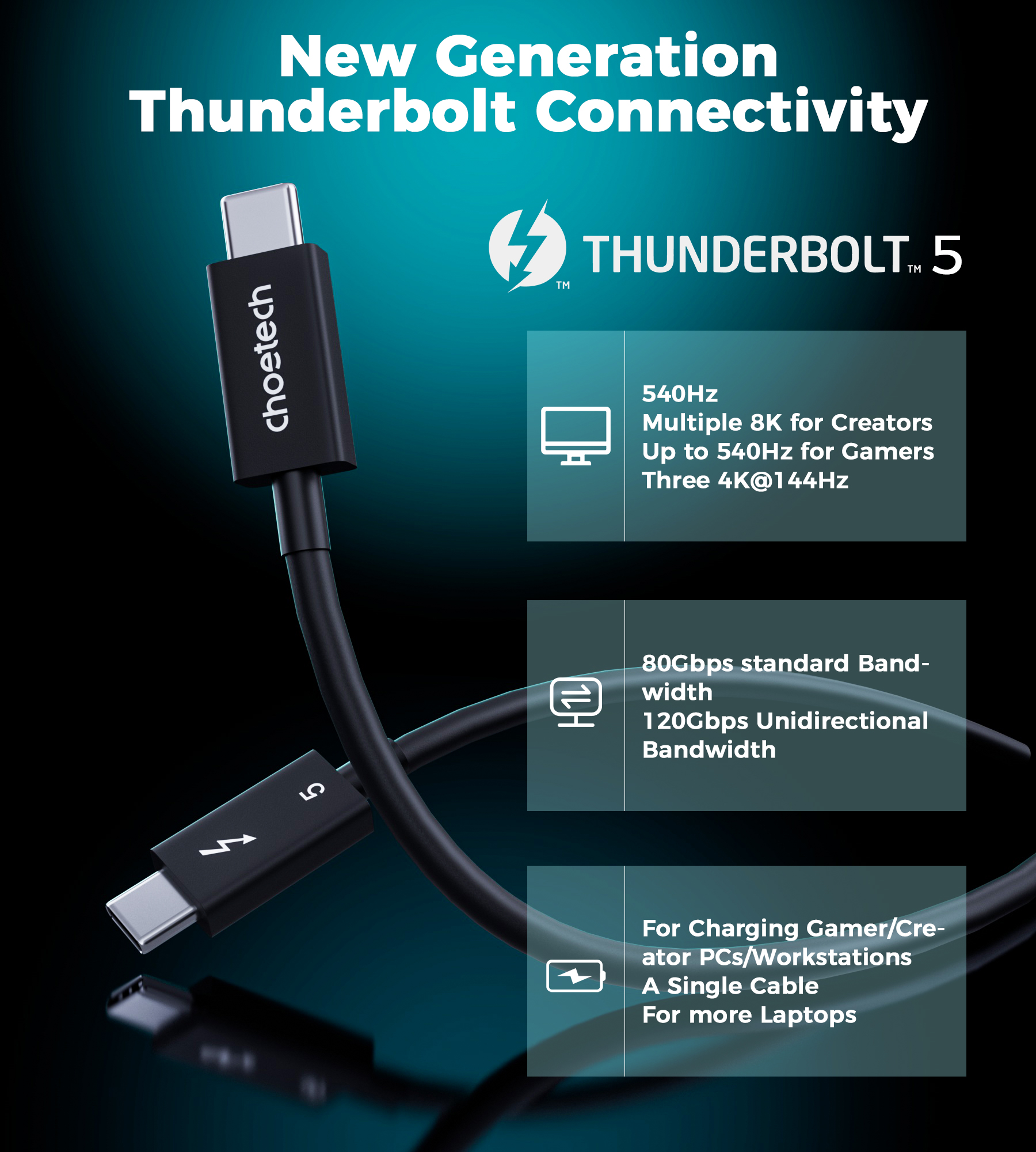 Choetech A3011 Thunderbolt 5 Intel Certified Cable 1M Black
